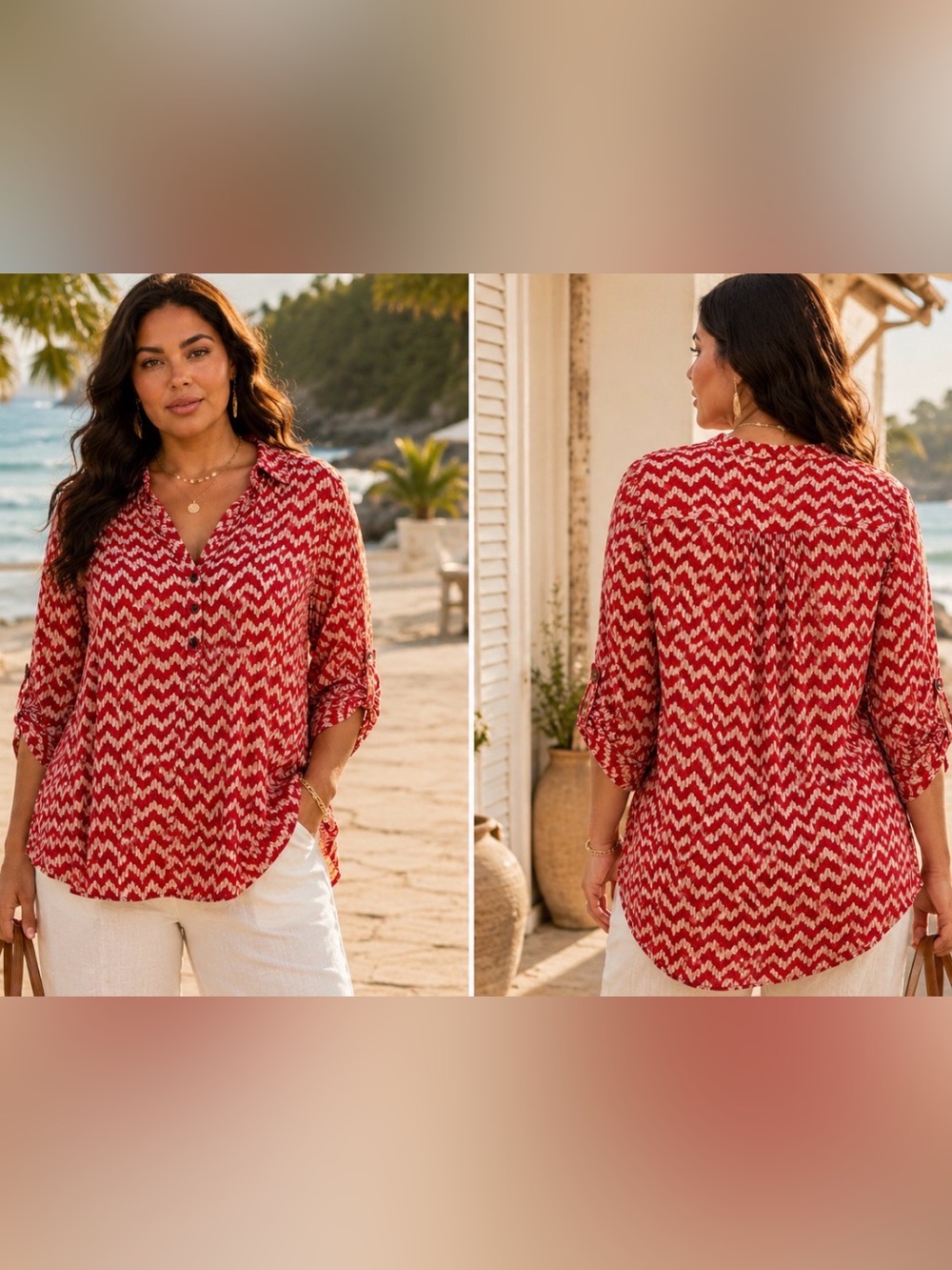 Boho Tunic Blouse Red Geometric Lagenlook Resort Top Office Lightweight Coastal